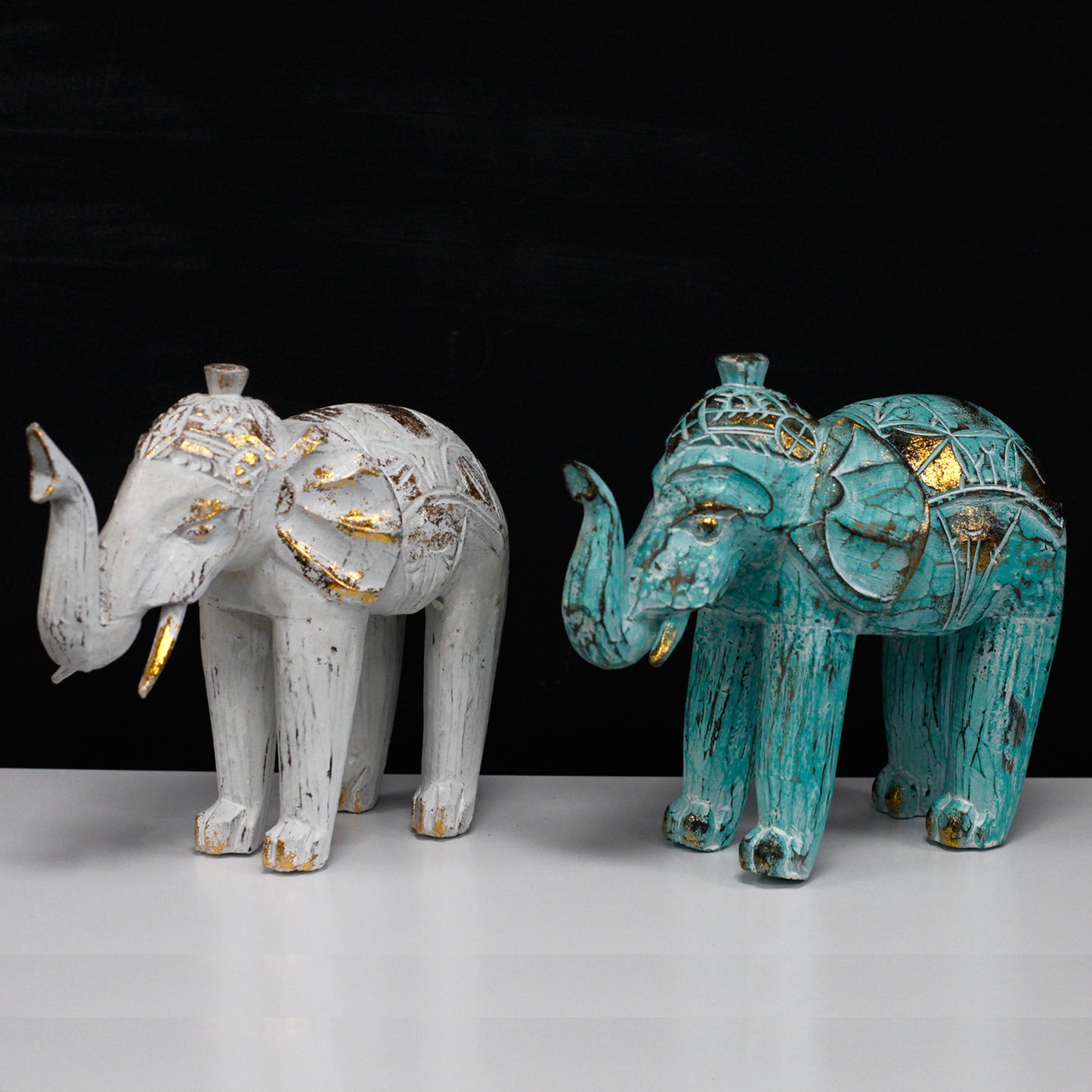 Wood Carved Elephant - Turquoise Gold