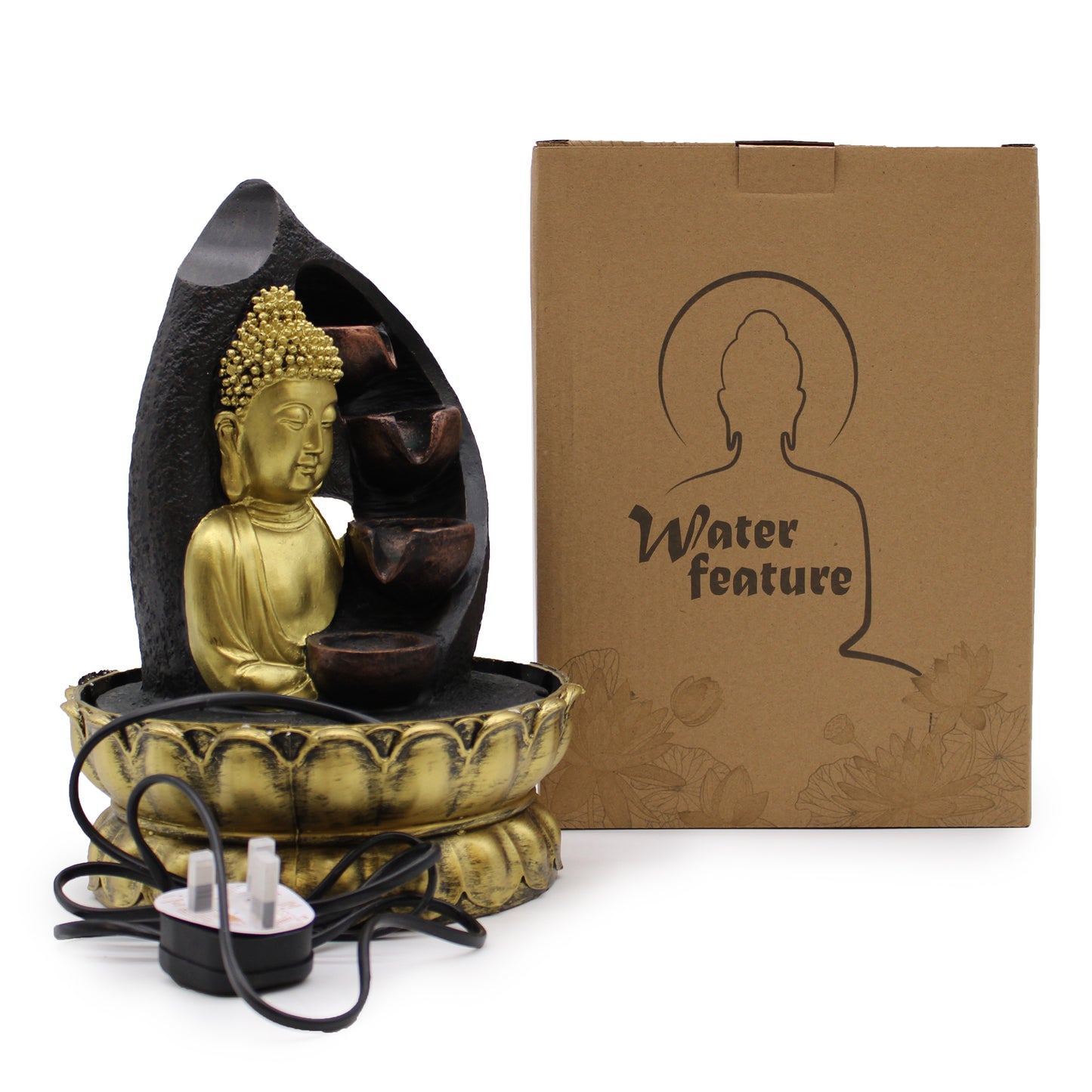 Tabletop Water Feature - 30cm - Golden Buddha & Pouring Pots