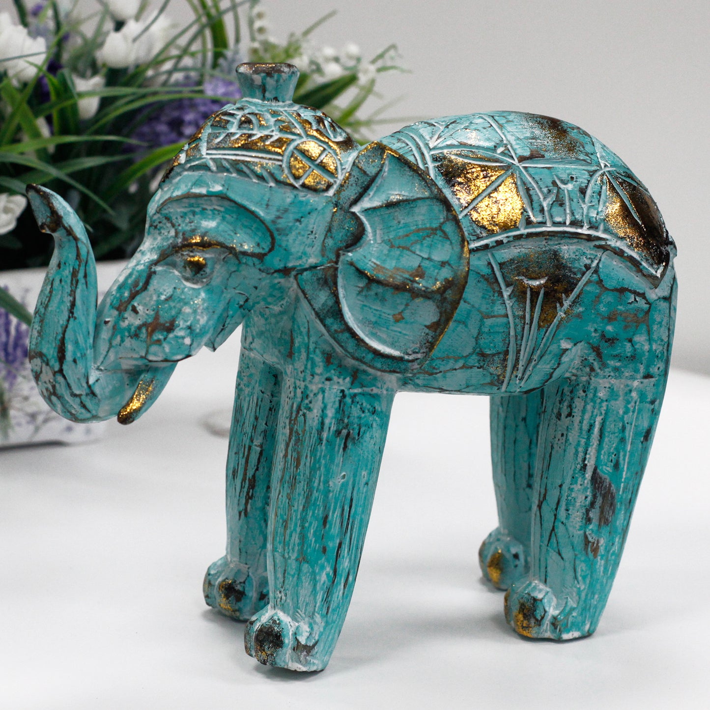 Wood Carved Elephant - Turquoise Gold