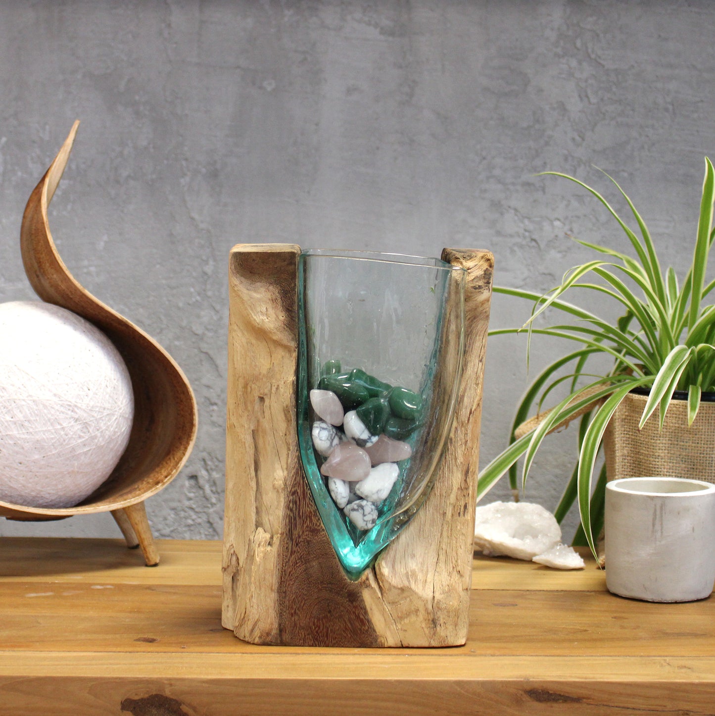 Molton Glass V-shaped Art Vase on Wood