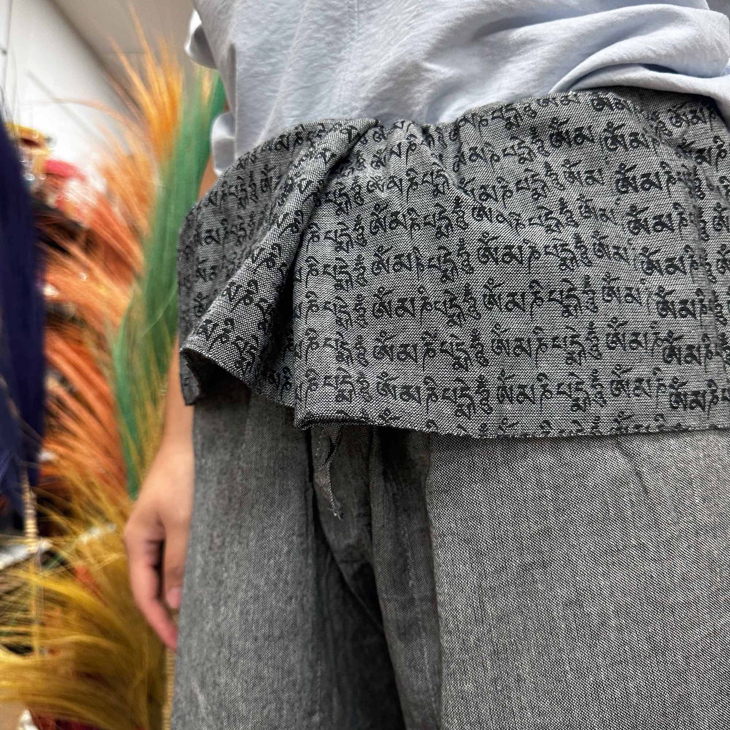 Yoga and Festival Pants - Thai Fisherman Mandala Mantra on Grey