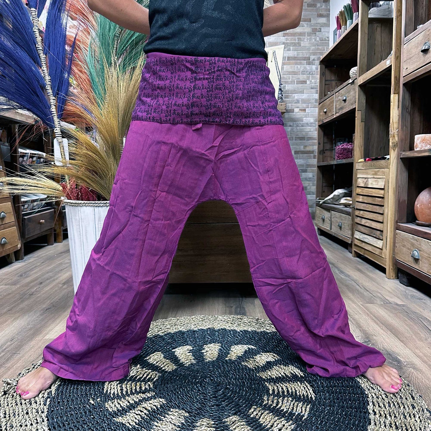 Yoga and Festival Pants - Thai Fisherman Mandala Mantra on Purple